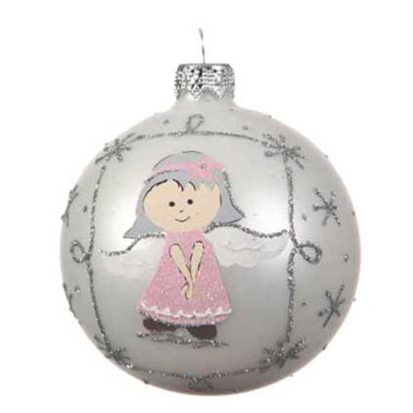 Χριστουγεννιάτικη Γυάλινη Μπάλα Ασημί Ματ, με Κοριτσάκι - Ροζ Φόρεμα (8cm)